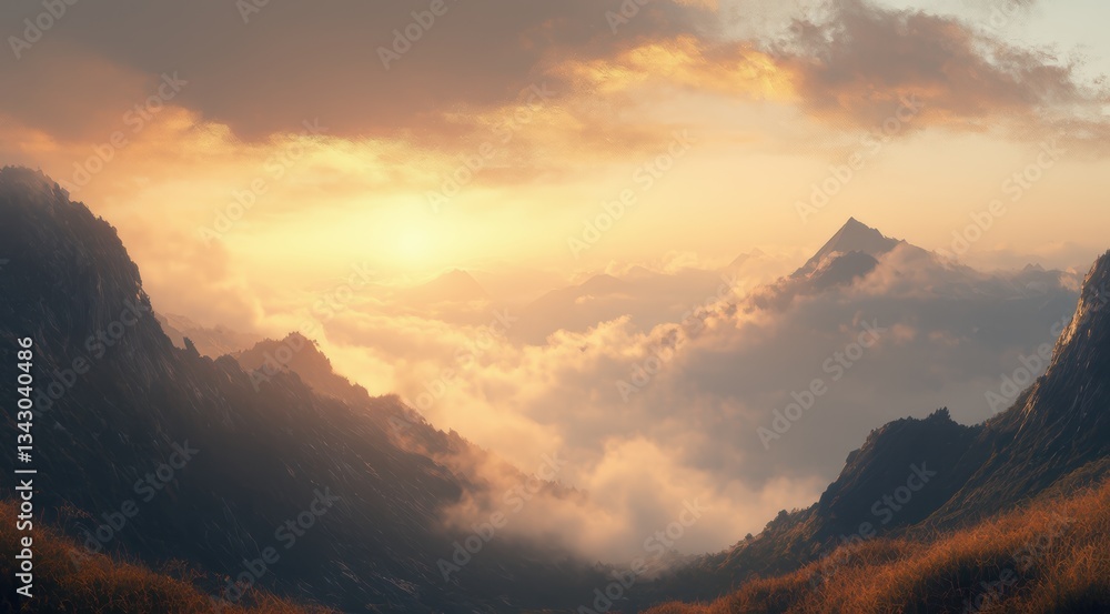 Naklejka premium A breathtaking sunset over mountains and clouds.