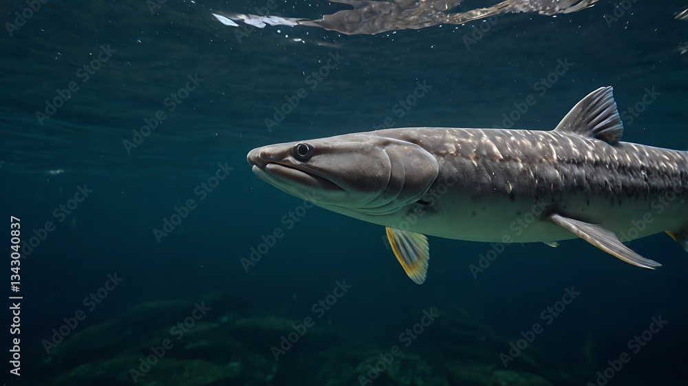 Fototapeta premium Swimming Tiger Muskie Close-up in Deep Water of a Clear River