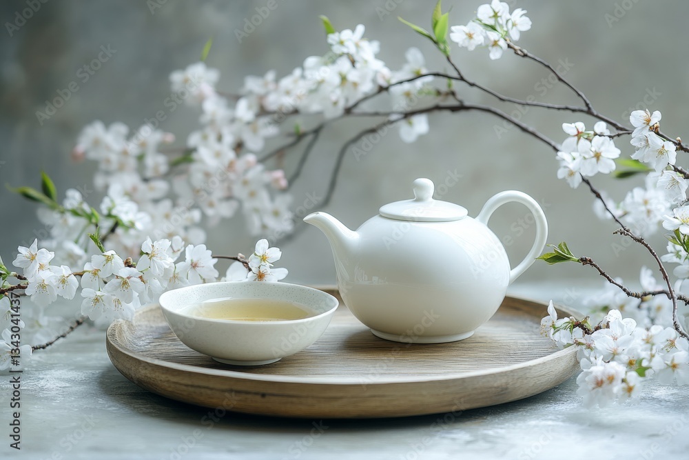 A teapot and tea bowl with white cherry blossoms on a Japanese-style round table