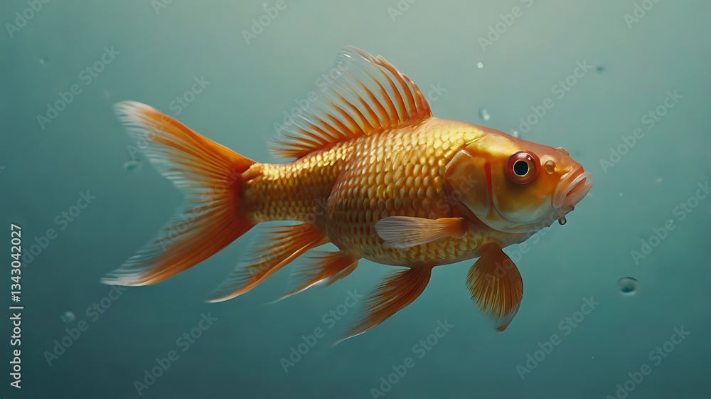 Swimming Goldfish Close-up in Tank with Bubbles and Teal Background Swimming Goldfish Close-up in Tank with Bubbles and Teal Background