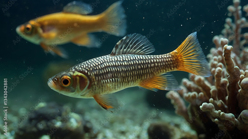 Naklejka premium Swimming Fish with Striped Pattern and Golden Tail in Aquarium Setting
