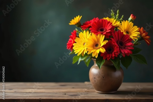 Wallpaper Mural Vibrant arrangement of red and yellow flowers in a rustic vase on a wooden table, still life, floral, vase Torontodigital.ca