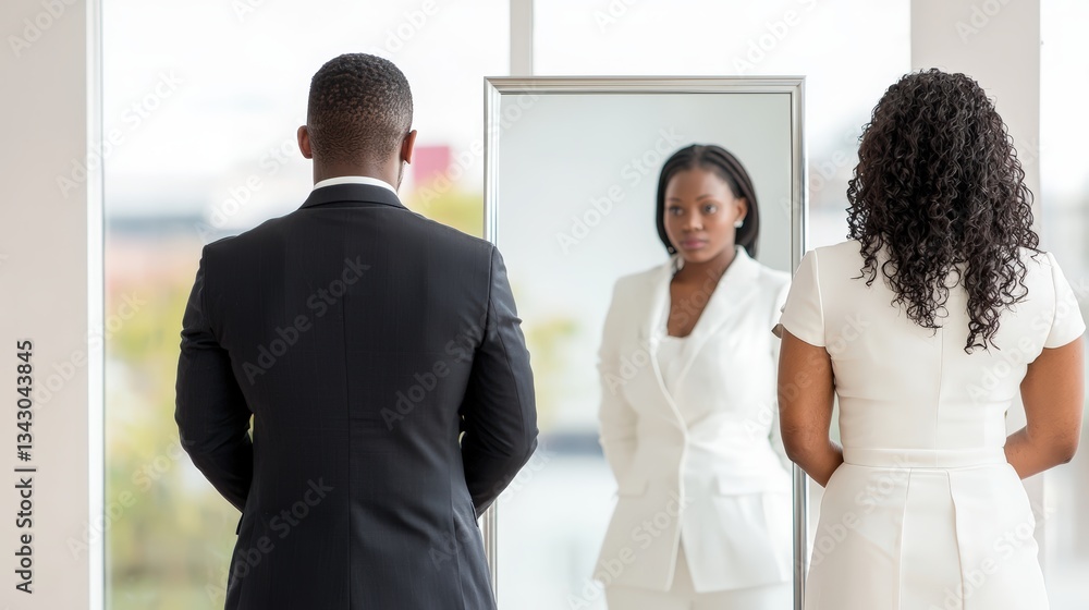 A sophisticated individual in a tailored suit stands confidently in front of a mirror, assessing their reflection with a thoughtful expression. The background features a softly blurred upscale urban A sophisticated individual in a tailored suit stands confidently in front of a mirror, assessing their reflection with a thoughtful expression. The background features a softly blurred upscale urban