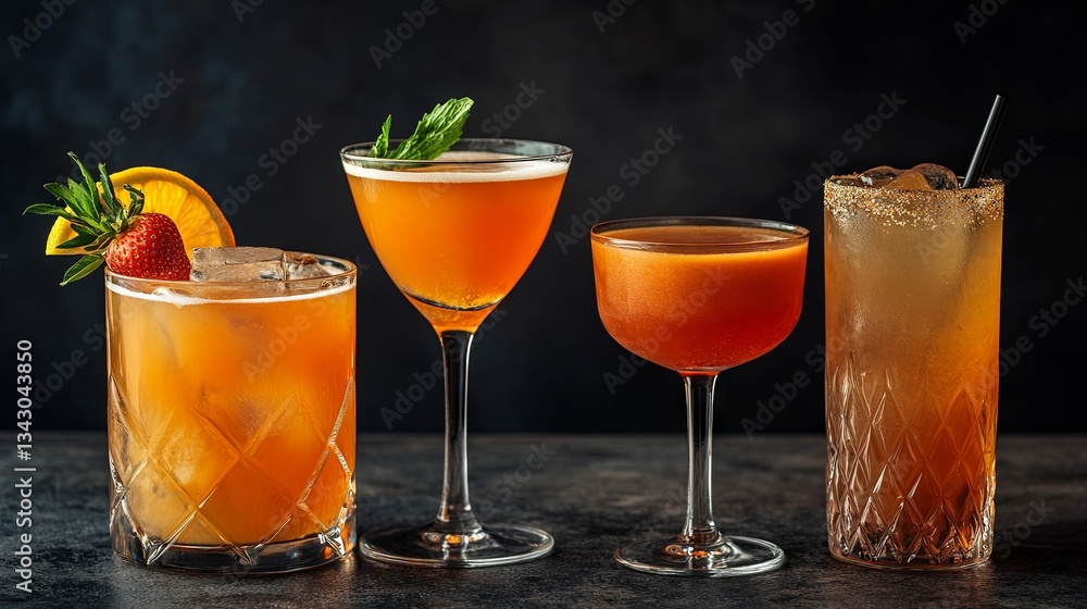 Fototapeta premium Different cocktails or longdrinks garnished with fruits , black background