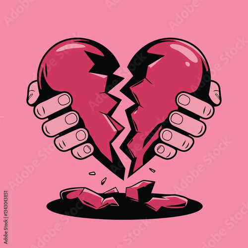 Broken heart illustration, cartoon hands squeezing heart, dripping black liquid, cracked heart symbol