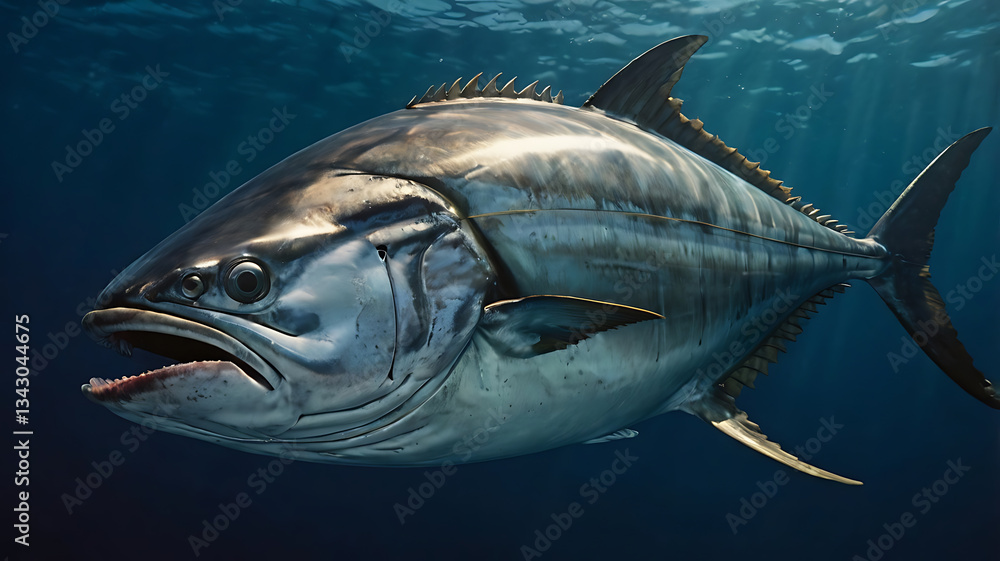 Fototapeta premium Swimming Tuna Fish Underwater in Ocean with Sun Rays Shining Through