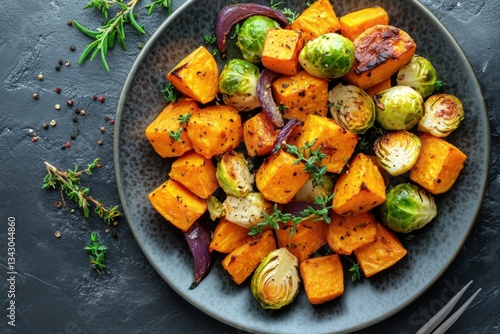 Roasted butternut squash and brussels sprouts on a plate. Food is seasoned with herbs. Dark background. Healthy and vegan meal idea.
