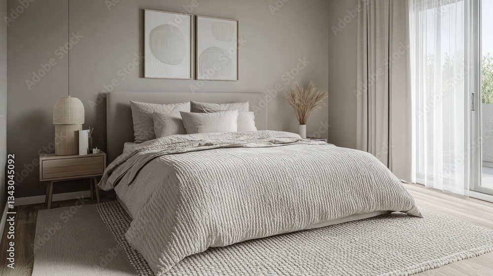 Obraz premium A calming bedroom featuring a light gray bedspread, taupe walls, and a textured rug, complemented by minimalist decor
