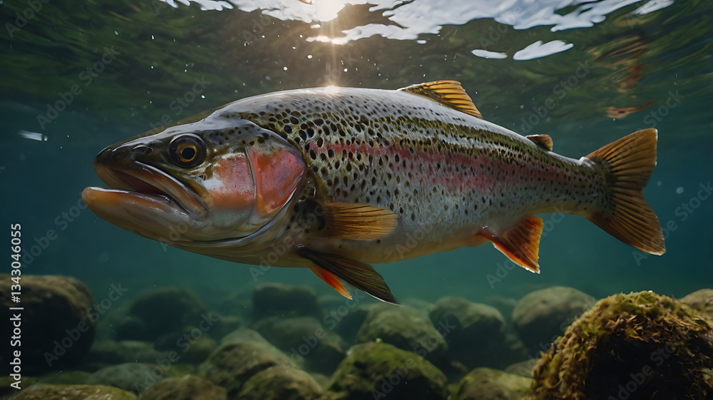 Swimming Rainbow Trout Underwater with Light Rays and Rocky Riverbed Swimming Rainbow Trout Underwater with Light Rays and Rocky Riverbed