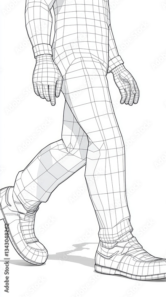 Fototapeta premium Wireframe illustration of a person walking, Casual wear. Possible use for educational materials on anatomy and clothing design