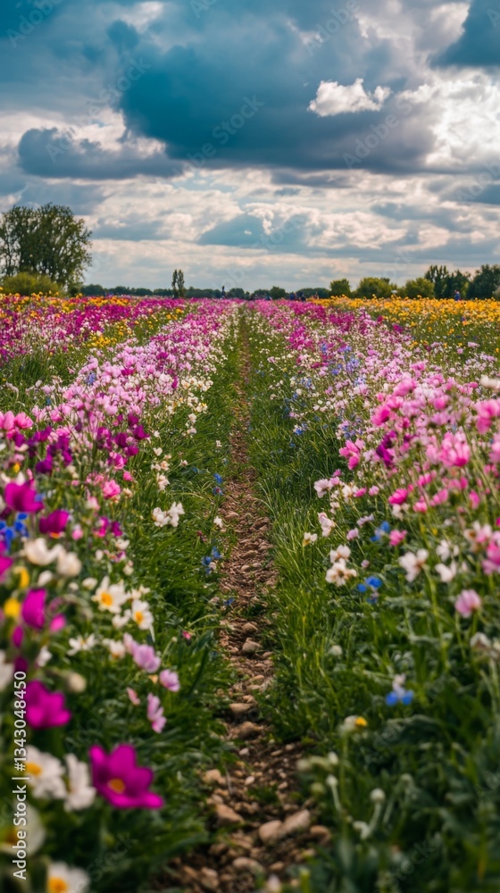A vibrant field of blooming flowers stretches into the distance. Colorful blossoms create a stunning visual tapestry under the expansive sky. Generative AI. A vibrant field of blooming flowers stretches into the distance. Colorful blossoms create a stunning visual tapestry under the expansive sky. Generative AI.