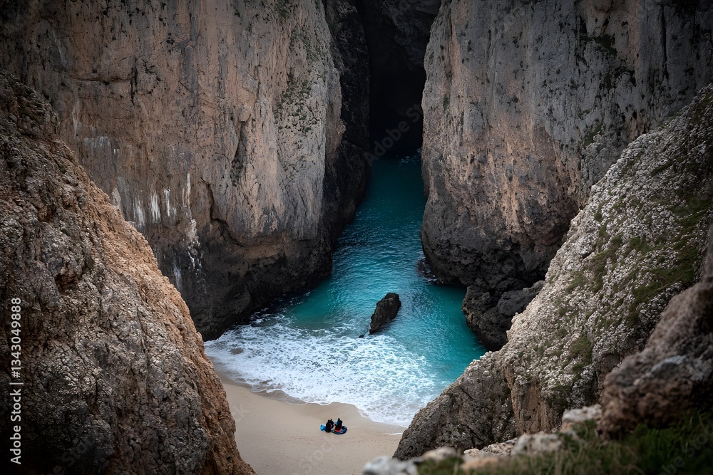 Obraz premium Secluded Cove Beach Aerial View Turquoise Water Rocky Cliffs