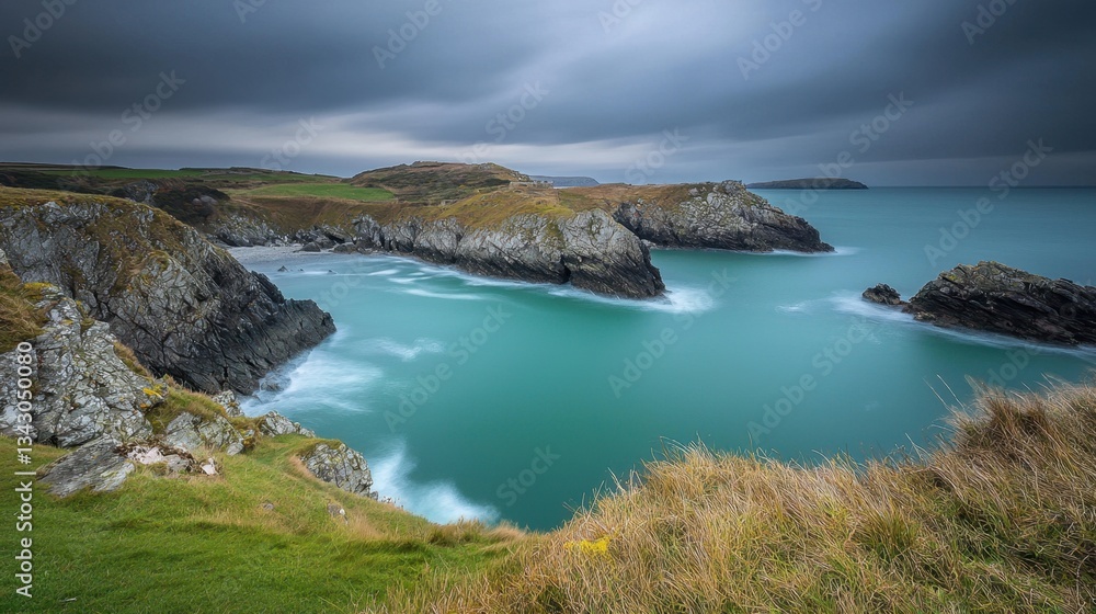 A vast ocean under a brooding overcast sky, with waves gently lapping against the rocky shoreline. A vast ocean under a brooding overcast sky, with waves gently lapping against the rocky shoreline.