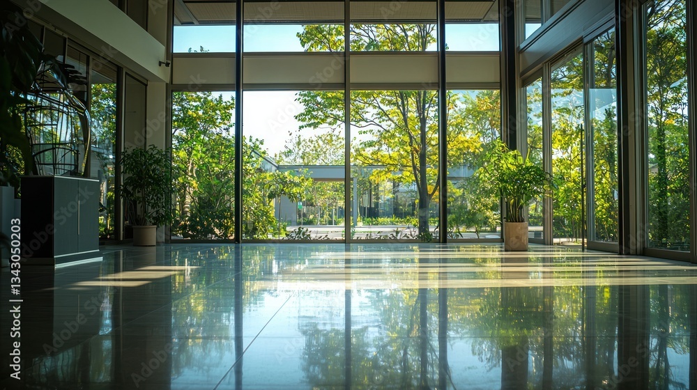 Sunlit modern lobby with large windows overlooking a green landscape.