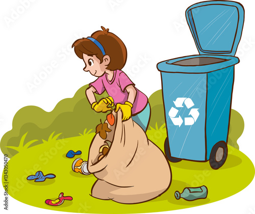 cute little girl wearing gloves collects plastic bottles and paper waste and puts them in garbage bag for recycling, protecting the environment