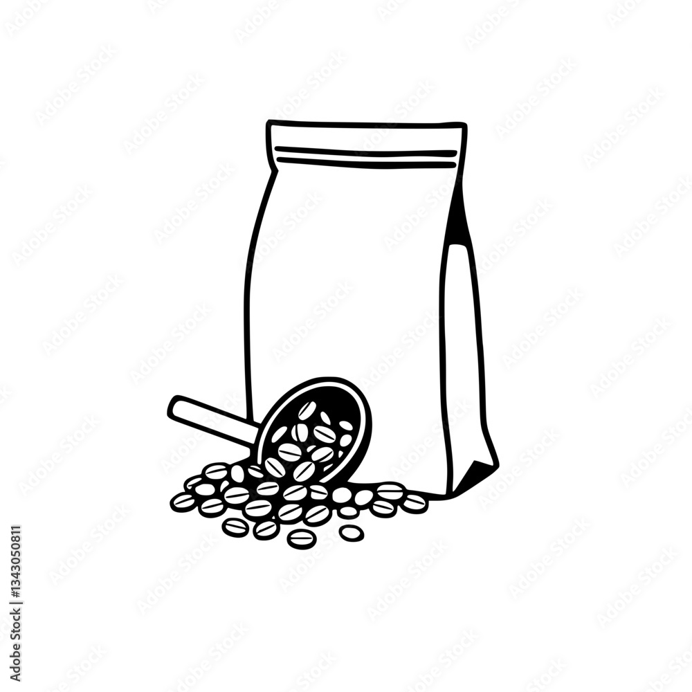 black outline vector of a bag of coffee beans with scoop black outline vector of a bag of coffee beans with scoop