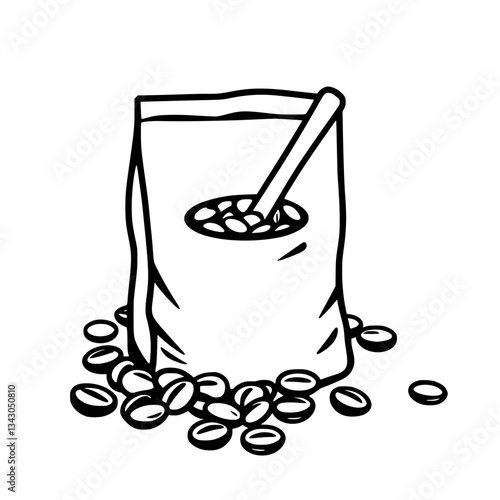 black outline vector of a bag of coffee beans with scoop inside