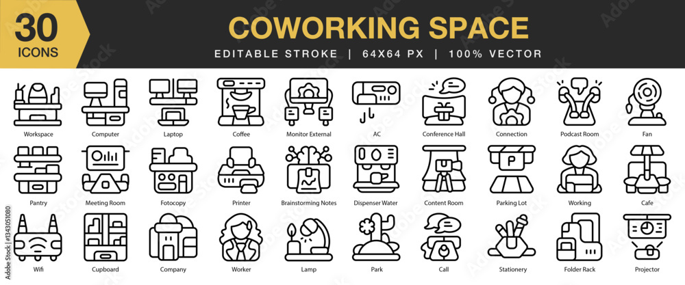 Fototapeta premium Coworking Space icon set. Editable Stroke Icon Collection. Includes work, workplace, together, company, and More. Outline icons vector collection.