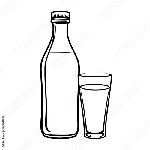 black outline vector of a bottle of milk with a glass filled beside it