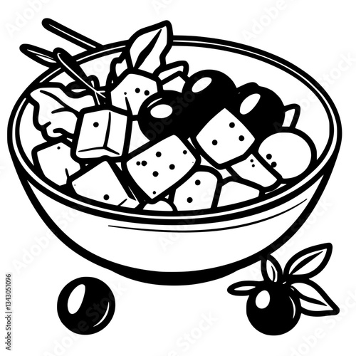 black outline vector of a bowl of Greek salad with feta cheese and olives