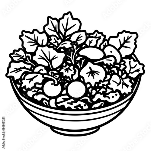 black outline vector of a bowl of salad with fresh greens and vegetables