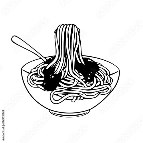 black outline vector of a bowl of spaghetti with tomato sauce and fork