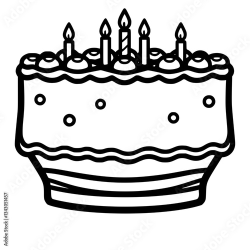 black outline vector of a classic birthday cake with candles and frosting