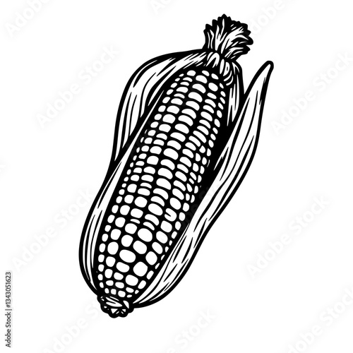 black outline vector of a detailed corn cob with kernels and husk