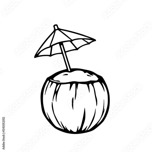 black outline vector of a fresh coconut with a straw and umbrella