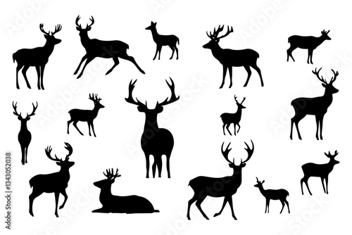 Silhouettes of deer black and white vector illustration 