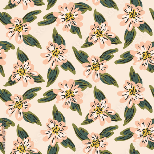 Hand painted florals in spring time in color palette of pastel peach, yellow, off white, black and forest green on cream background. Easter seamless vector pattern. Great for home decor, fabric, gifts