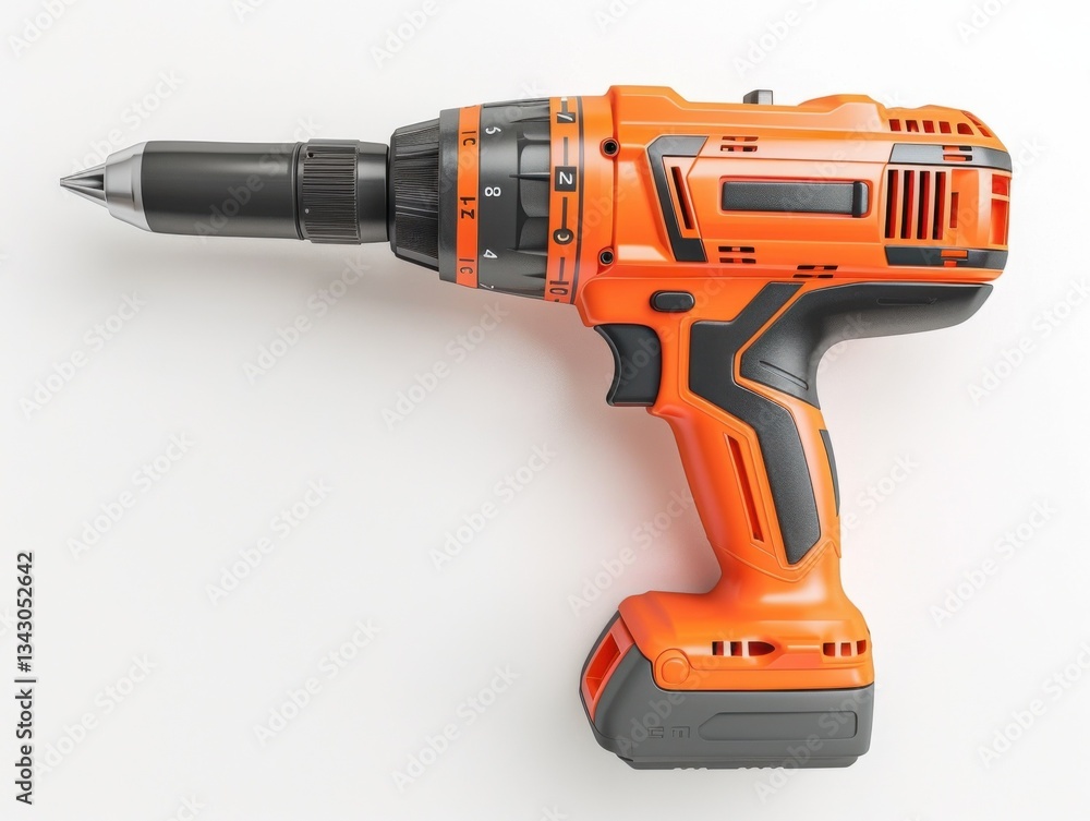 High definition top view photo of power drill on white background High definition top view photo of power drill on white background