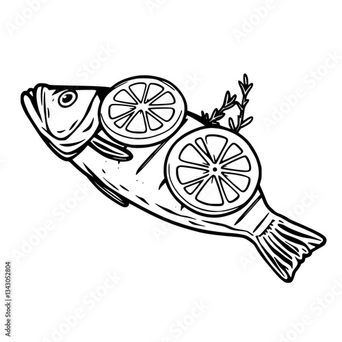black outline vector of a grilled fish fillet with lemon slice and herbs
