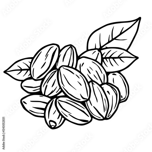 black outline vector of a handful of almonds with leaves and shells