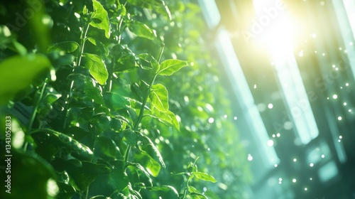 Lush green plants thriving under bright sunlight in a greenhouse, with droplets of water glistening on leaves, creating a serene atmosphere for growth and cultivation