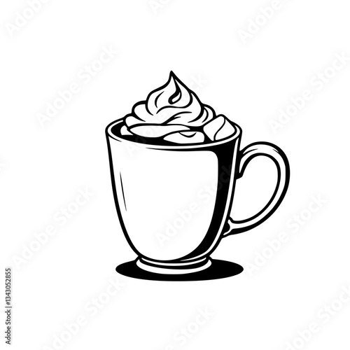 black outline vector of a hot chocolate mug with whipped cream and marshmallows