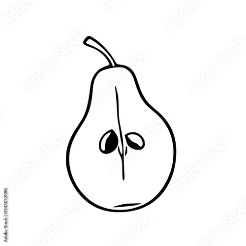 black outline vector of a pear with a cross section showing seeds inside