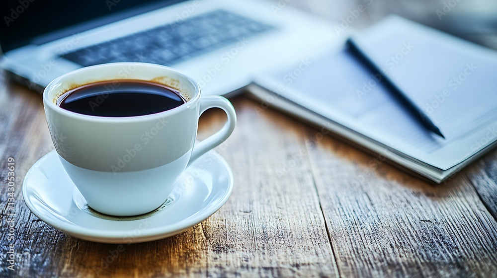 Coffee break with laptop on wood desk in home office. Morning work session Coffee break with laptop on wood desk in home office. Morning work session