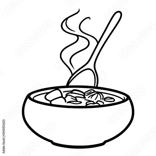 black outline vector of a steaming bowl of vegetable soup with spoon inside