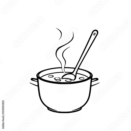 black outline vector of a steaming pot of soup with ladle