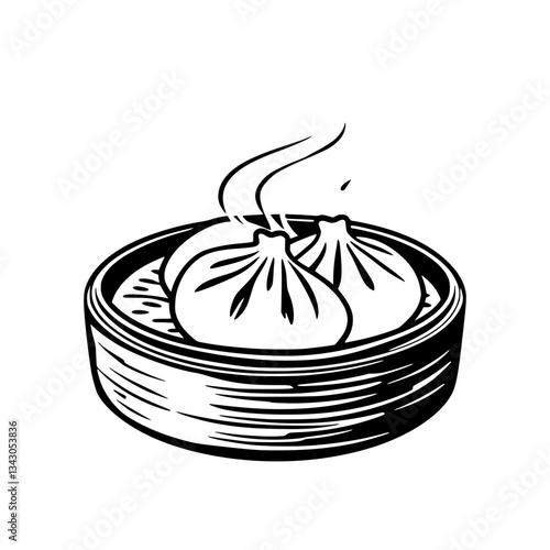 black outline vector of a steaming dumpling in a bamboo steamer