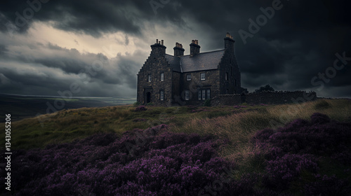 Haunted Gothic Manor on Yorkshire Moors Under Dark Stormy Skies