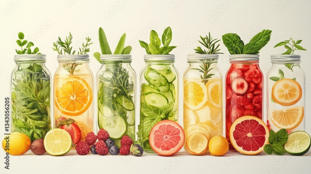 Wellness Drinks capturing essence with vivid, imaginative depiction of healthful beverages with glass jars, fresh fruits, vegetables, and herbs, evoking vitality and well-being. Wellness Drinks capturing essence with vivid, imaginative depiction of healthful beverages with glass jars, fresh fruits, vegetables, and herbs, evoking vitality and well-being.