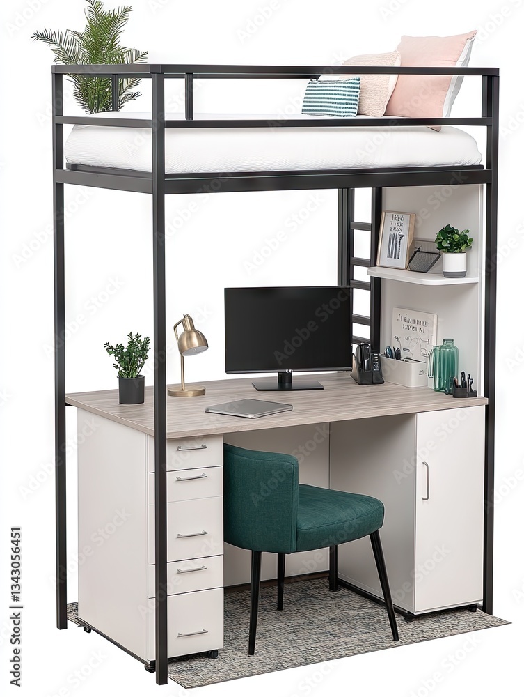 Fototapeta premium Modern loft bed with desk below, study corner at home. Room decor and organization, lifestyle
