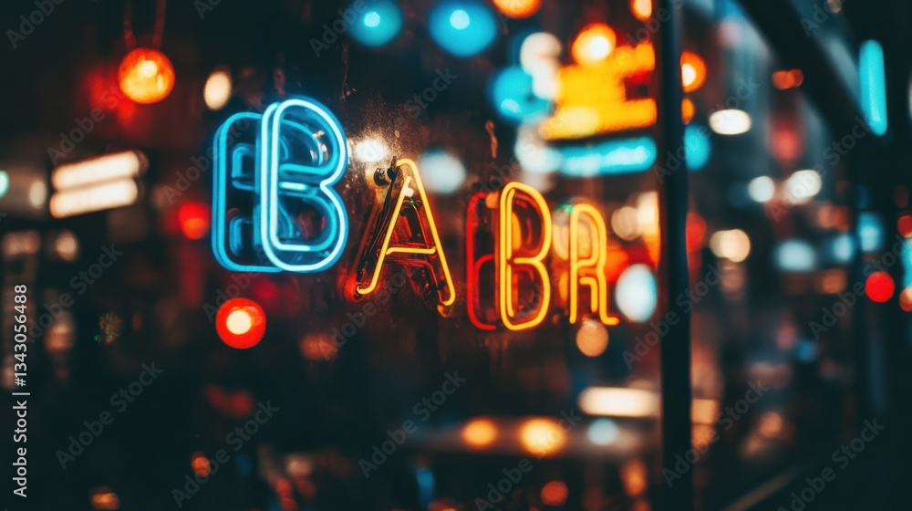 Bright Neon Sign with Colorful Lights in Urban Environment Night Bright Neon Sign with Colorful Lights in Urban Environment Night