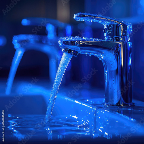 close up of modern faucet with water flowing, illuminated by blue lighting, creating serene and refreshing atmosphere. shiny chrome finish reflects light beautifully, enhancing visual appeal