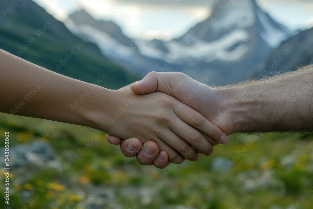 Hands of Two People Shaking in Front of a Mountain Landscape with Greenery and Flowers, Symbolizing Trust, Partnership, and Connection in Nature Hands of Two People Shaking in Front of a Mountain Landscape with Greenery and Flowers, Symbolizing Trust, Partnership, and Connection in Nature
