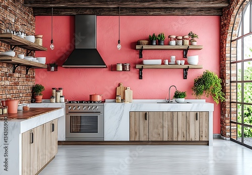 Modern Kitchen with Coral Walls, Wooden Cabinets, and Marble Countertops