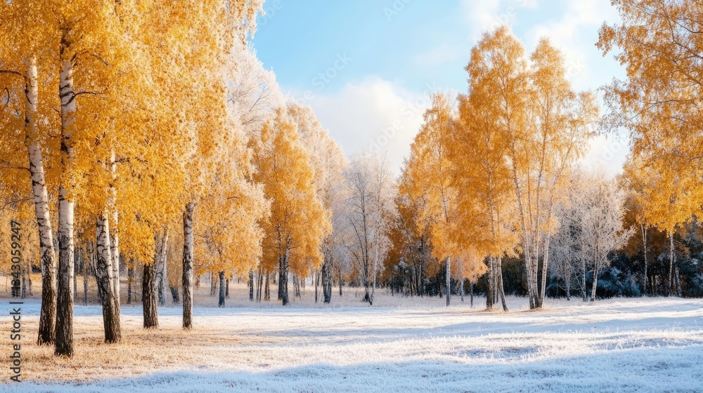 Majestic Autumn Trees with Bright Yellow Leaves and Frosty Ground Majestic Autumn Trees with Bright Yellow Leaves and Frosty Ground