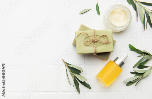 Obraz na płótnie Natural olive oil cosmetic products promoting healthy lifestyle w salonie